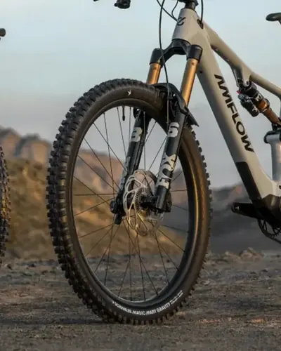 Vorderrad und Federgabel eines Amflow E-Mountainbikes