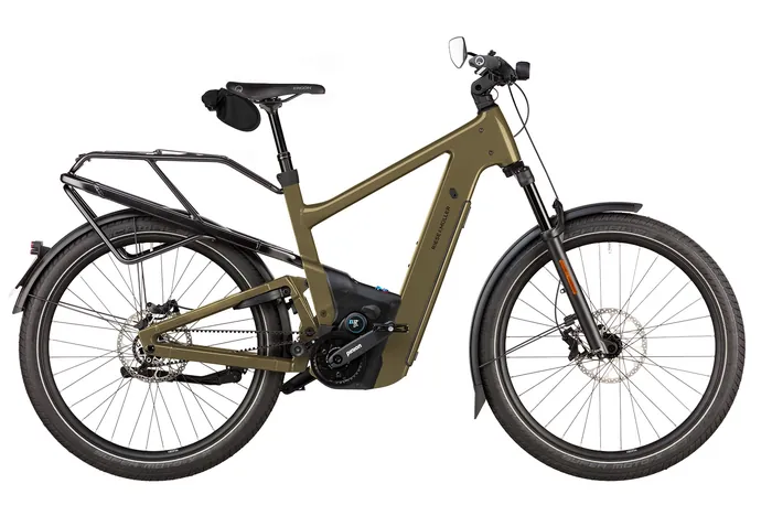 Riese & Müller Delite5 in Olivgrün, Seitenansicht: vollgefedertes E-Bike
